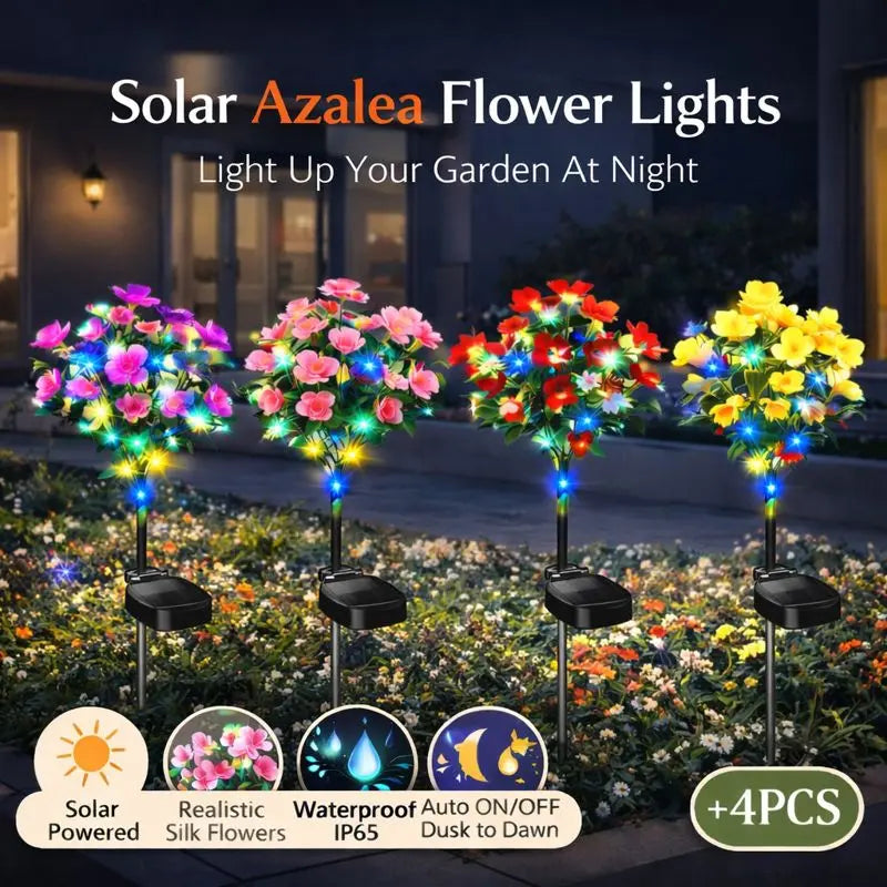 Solar Azalea Flower Lights 4 Pack IP65 Waterproof Realistic Multi-Color Stakes for Grave Garden Decor Memorial Cemetery Lights
