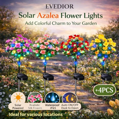 Solar Azalea Flower Lights 4 Pack IP65 Waterproof Realistic Multi-Color Stakes for Grave Garden Decor Memorial Cemetery Lights