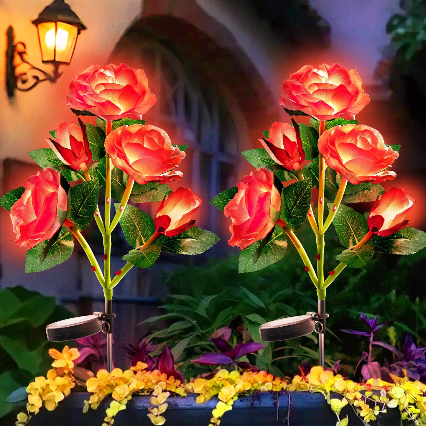 Solar Azalea Flower Lights 4 Pack IP65 Waterproof Realistic Multi-Color Stakes for Grave Garden Decor Memorial Cemetery Lights
